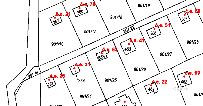 Loutí 53, Rabyně na parcele st. 853 v KÚ Rabyně, Katastrální mapa