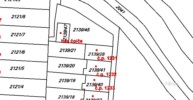 Hulín 1231 na parcele st. 2139/28 v KÚ Hulín, Katastrální mapa
