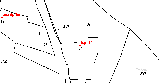 Rtišovice 11, Milín na parcele st. 12 v KÚ Rtišovice, Katastrální mapa