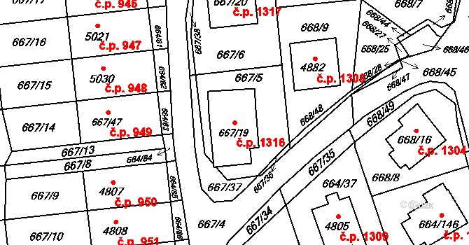 Žamberk 1316 na parcele st. 667/19 v KÚ Žamberk, Katastrální mapa