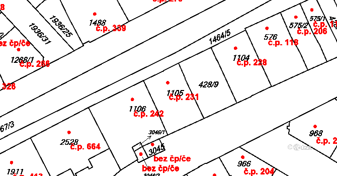 Stařečka 231, Třebíč na parcele st. 1105 v KÚ Třebíč, Katastrální mapa