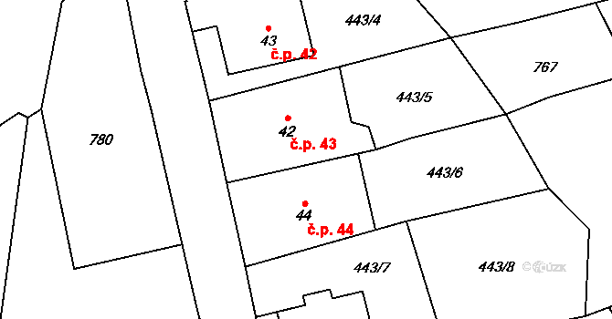 Šejby 43, Horní Stropnice na parcele st. 42 v KÚ Šejby, Katastrální mapa