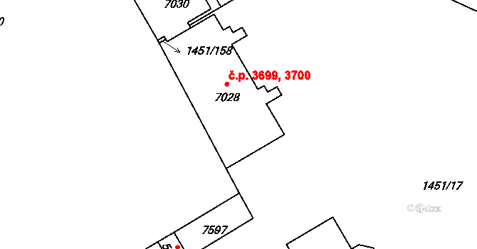 Hodonín 3699,3700 na parcele st. 7028 v KÚ Hodonín, Katastrální mapa
