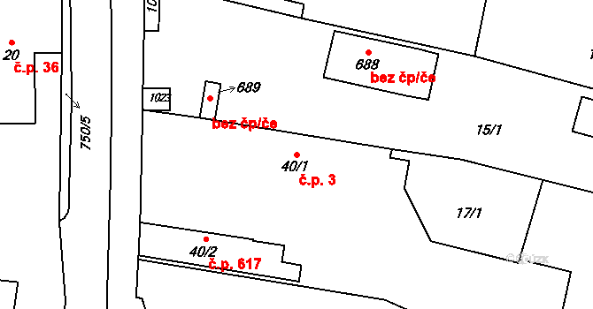 Velký Osek 3 na parcele st. 40/1 v KÚ Velký Osek, Katastrální mapa