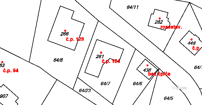 Tři Sekery 154 na parcele st. 281 v KÚ Tři Sekery u Kynžvartu, Katastrální mapa