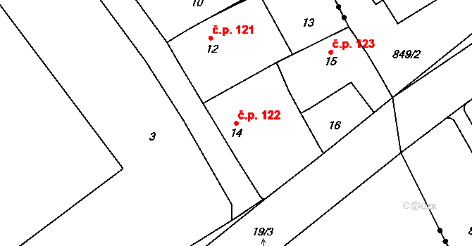 Dolní Ves 122, Fryšták na parcele st. 14 v KÚ Dolní Ves, Katastrální mapa