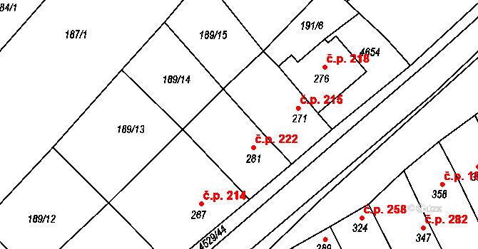 Mistřice 222 na parcele st. 281 v KÚ Mistřice I, Katastrální mapa