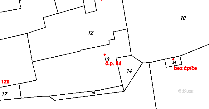 Pustiměř 84 na parcele st. 13 v KÚ Pustiměř, Katastrální mapa