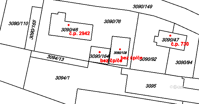 Brno 50018779 na parcele st. 3090/164 v KÚ Líšeň, Katastrální mapa