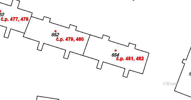 Hanušovice 481,482 na parcele st. 654 v KÚ Hanušovice, Katastrální mapa