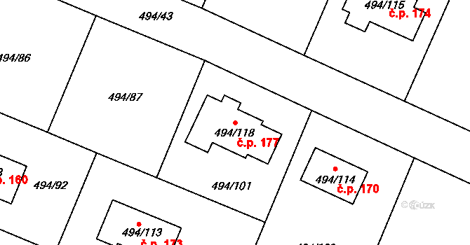 Černotín 177 na parcele st. 494/118 v KÚ Černotín, Katastrální mapa