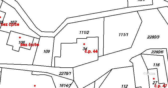 Nekvasovy 44 na parcele st. 34 v KÚ Nekvasovy, Katastrální mapa
