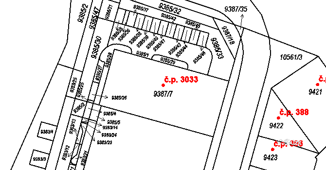 Jižní Předměstí 3033, Plzeň na parcele st. 9387/7 v KÚ Plzeň, Katastrální mapa