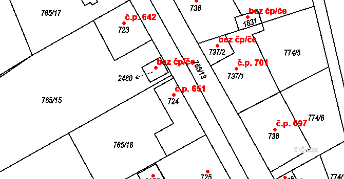 Dobřany 651 na parcele st. 724 v KÚ Dobřany, Katastrální mapa