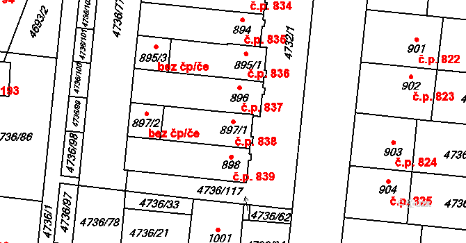Hrušovany nad Jevišovkou 838 na parcele st. 897/1 v KÚ Hrušovany nad Jevišovkou, Katastrální mapa