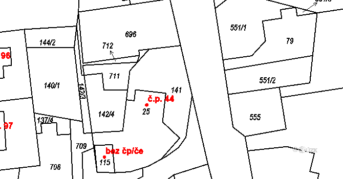 Rudíkovy 44, Třemešná na parcele st. 25 v KÚ Rudíkovy, Katastrální mapa