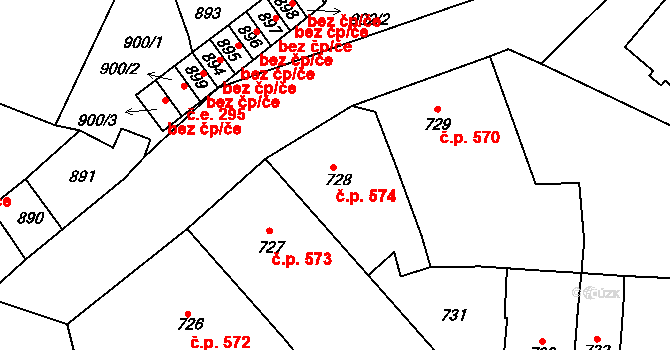 Tachov 574 na parcele st. 728 v KÚ Tachov, Katastrální mapa