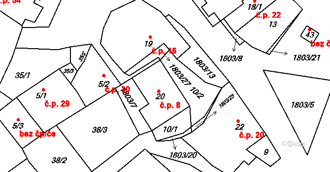 Pocoucov 8, Třebíč na parcele st. 20 v KÚ Pocoucov, Katastrální mapa