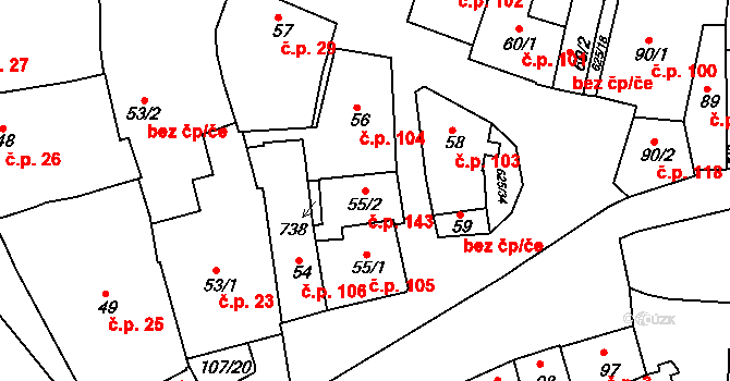Zámostí 143, Třebíč na parcele st. 55/2 v KÚ Podklášteří, Katastrální mapa