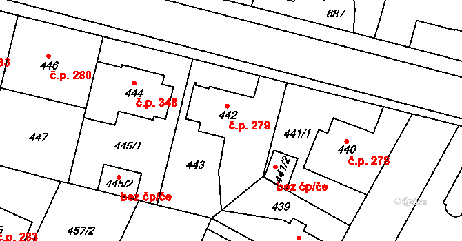 Satalice 279, Praha na parcele st. 442 v KÚ Satalice, Katastrální mapa