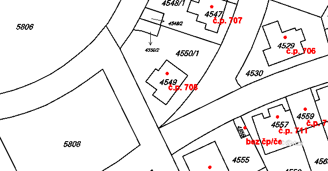 Záběhlice 708, Praha na parcele st. 4549 v KÚ Záběhlice, Katastrální mapa