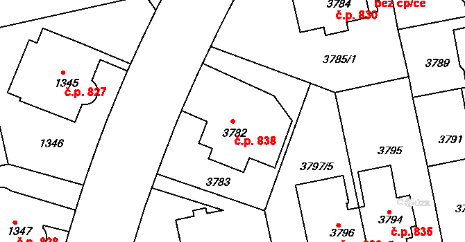 Dejvice 838, Praha na parcele st. 3782 v KÚ Dejvice, Katastrální mapa