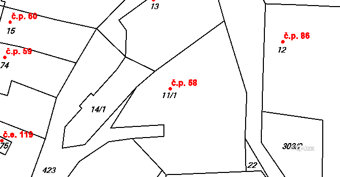 Červený Hrádek 58, Bečváry na parcele st. 11/1 v KÚ Červený Hrádek u Bečvár, Katastrální mapa
