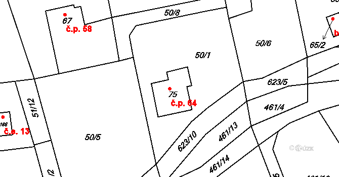 Dolní Hbity 64 na parcele st. 75 v KÚ Dolní Hbity, Katastrální mapa