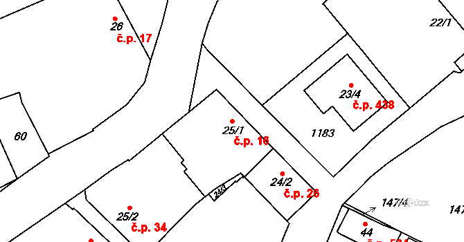 Věkoše 16, Hradec Králové na parcele st. 25/1 v KÚ Věkoše, Katastrální mapa