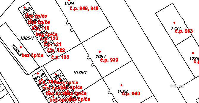 Mizerov 939, Karviná na parcele st. 1087 v KÚ Karviná-město, Katastrální mapa