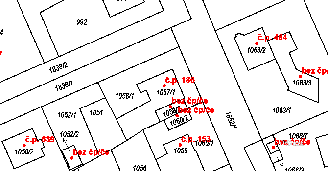 Černice 186, Plzeň na parcele st. 1057/1 v KÚ Bručná, Katastrální mapa