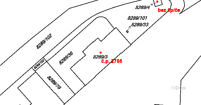 Jižní Předměstí 2755, Plzeň na parcele st. 8289/3 v KÚ Plzeň, Katastrální mapa