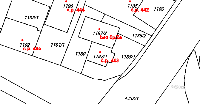 České Budějovice 3 443, České Budějovice na parcele st. 1187/1 v KÚ České Budějovice 3, Katastrální mapa