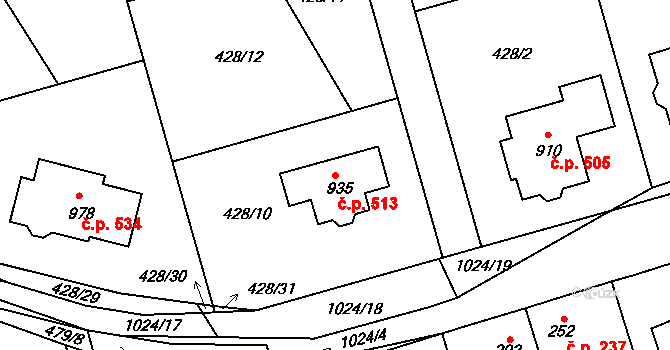 Sendražice 513, Kolín na parcele st. 935 v KÚ Sendražice u Kolína, Katastrální mapa