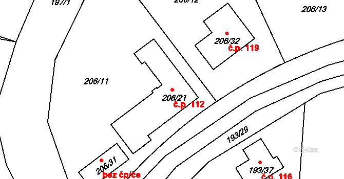 Sadov 112 na parcele st. 206/21 v KÚ Sadov, Katastrální mapa