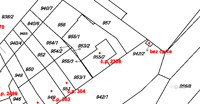Pelhřimov 2308 na parcele st. 955/2 v KÚ Pelhřimov, Katastrální mapa