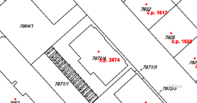 Jižní Předměstí 2874, Plzeň na parcele st. 7971/4 v KÚ Plzeň, Katastrální mapa