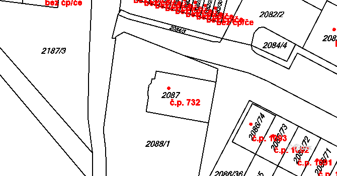 Jemnice 732 na parcele st. 2087 v KÚ Jemnice, Katastrální mapa
