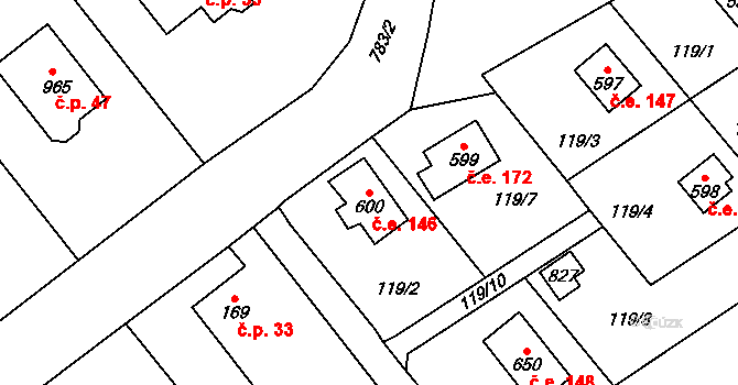 Javorník 146, Čtyřkoly na parcele st. 600 v KÚ Čtyřkoly, Katastrální mapa