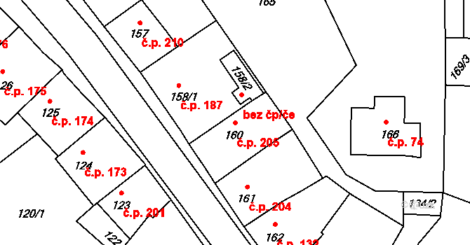 Divišov 205 na parcele st. 160 v KÚ Divišov u Benešova, Katastrální mapa