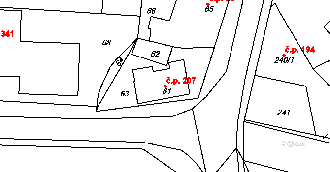 Zruč nad Sázavou 207 na parcele st. 61 v KÚ Zruč nad Sázavou, Katastrální mapa