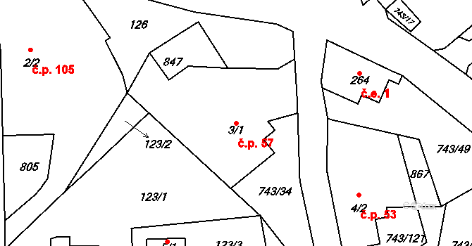 Škrdlovice 57 na parcele st. 3/1 v KÚ Škrdlovice, Katastrální mapa