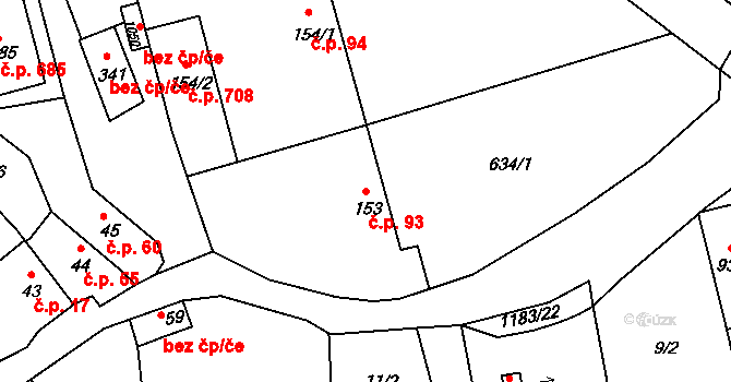 Prštné 93, Zlín na parcele st. 153 v KÚ Prštné, Katastrální mapa