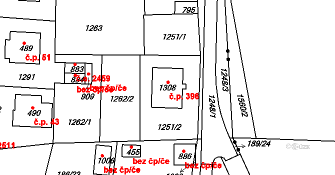Háje 396, Cheb na parcele st. 1308 v KÚ Háje u Chebu, Katastrální mapa
