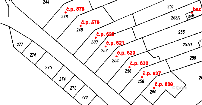 Bučovice 621 na parcele st. 252 v KÚ Bučovice, Katastrální mapa