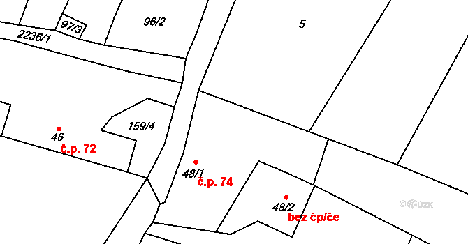 Velká 74, Milevsko na parcele st. 48/1 v KÚ Velká u Milevska, Katastrální mapa