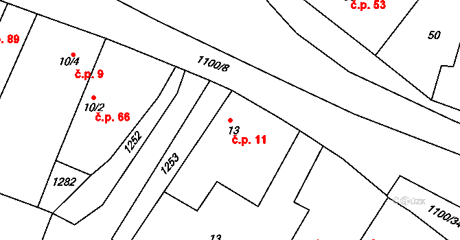 Jestřabí Lhota 11 na parcele st. 13 v KÚ Jestřabí Lhota, Katastrální mapa