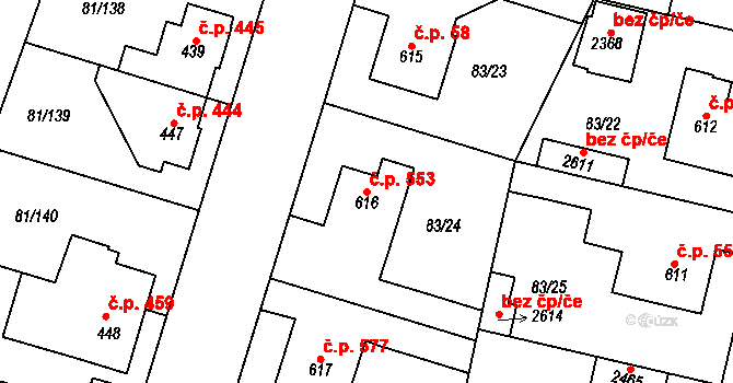Lobeček 553, Kralupy nad Vltavou na parcele st. 616 v KÚ Lobeček, Katastrální mapa