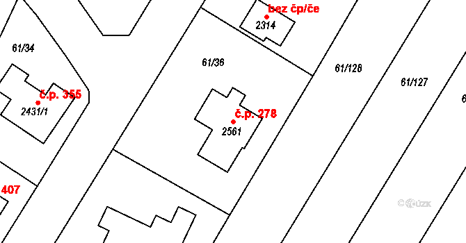 Hradištko 278 na parcele st. 2561 v KÚ Hradištko pod Medníkem, Katastrální mapa