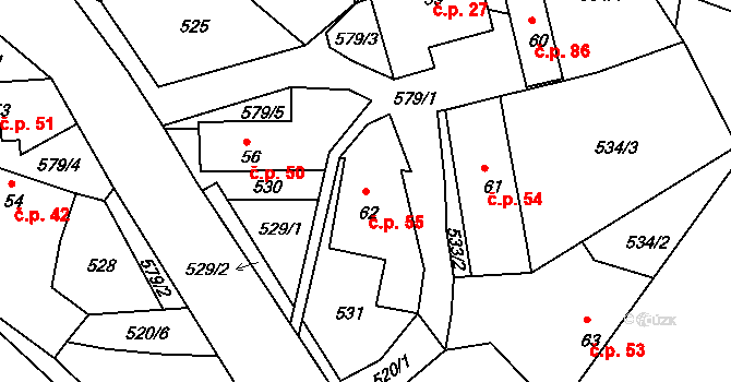 Hněvkov 55, Zábřeh na parcele st. 62 v KÚ Hněvkov, Katastrální mapa